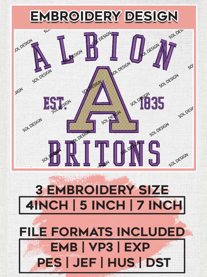 NCAA Albion Britons College Team Est 1835 Logo Embroidery Design Files, NCAA Albion Britons Machine Embroidery, NCAA Teams, 3 sizes, NCAA Machine embroidery designs, Digital Download