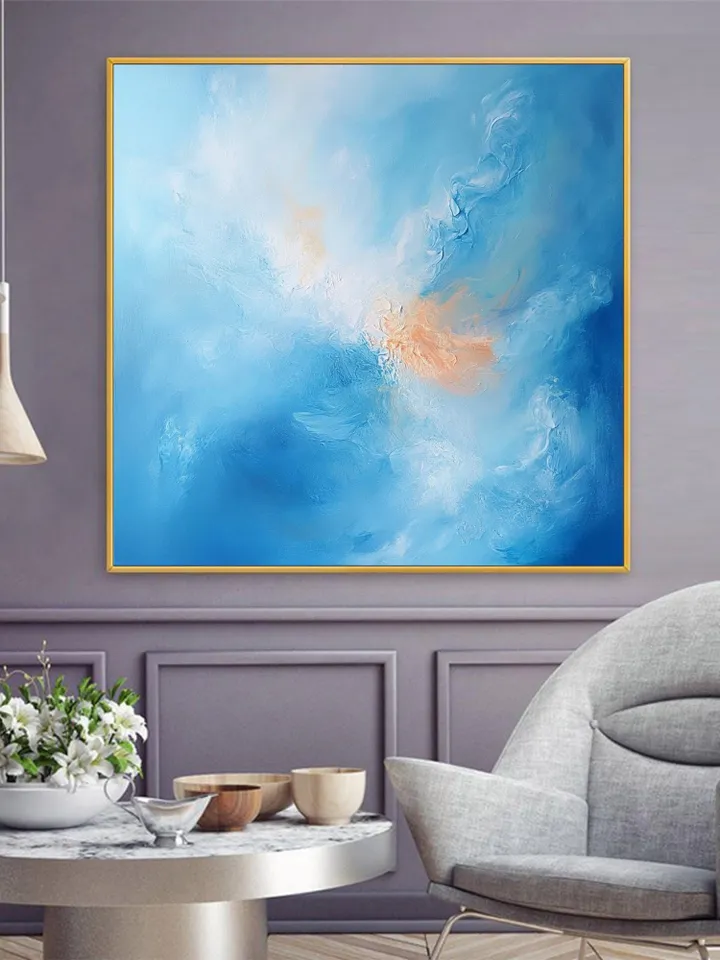 Hand-Painted Abstract Sea Oil Painting on Canvas | Soft Blue and Orange Art | Serene Wall Decor for Living Room or Bedroom | Custom Painting