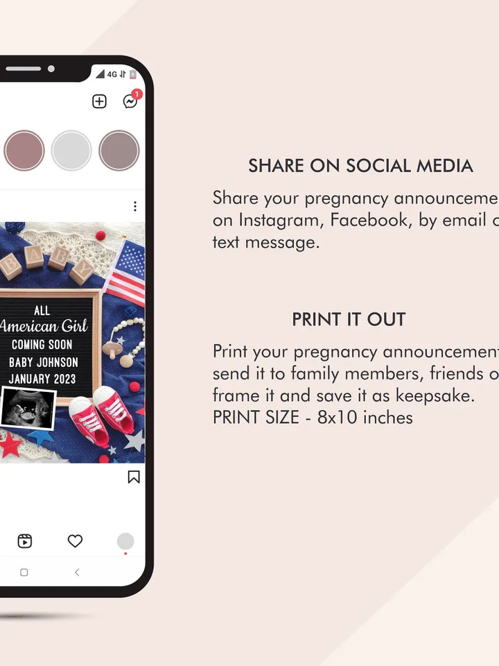 4th of July Pregnancy Announcement for Social Media, American Girl Baby Announcement 4th of July Baby Announcement Editable Digital Template