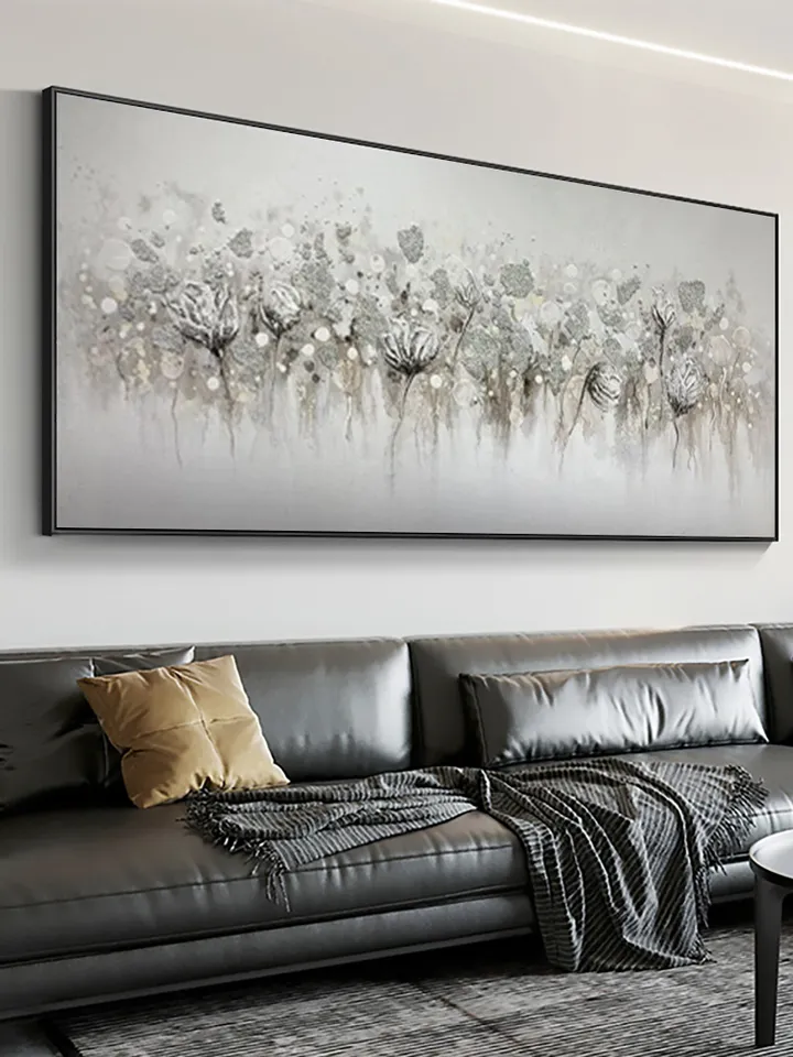 Abstract Blossom Floral Oil Painting on Canvas, Large Original Textured White Grey Poppy Bouquet Acrylic Painting Living Room Wall Art Decor