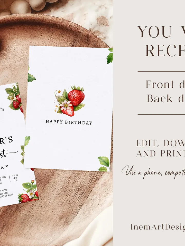 Editable Strawberry First Birthday Invitation Template Girl 1st Birthday Party Invite Berry First Birthday Cute Sweet Printable BF001