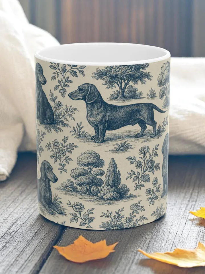 Dachshund French Toile de Jouy Ceramic Mug, Toile Coffee Cup for Doxie Mom, Sausage Dog Lover Gifts, Dog Tea Drinkware, Gift For Dog Lovers