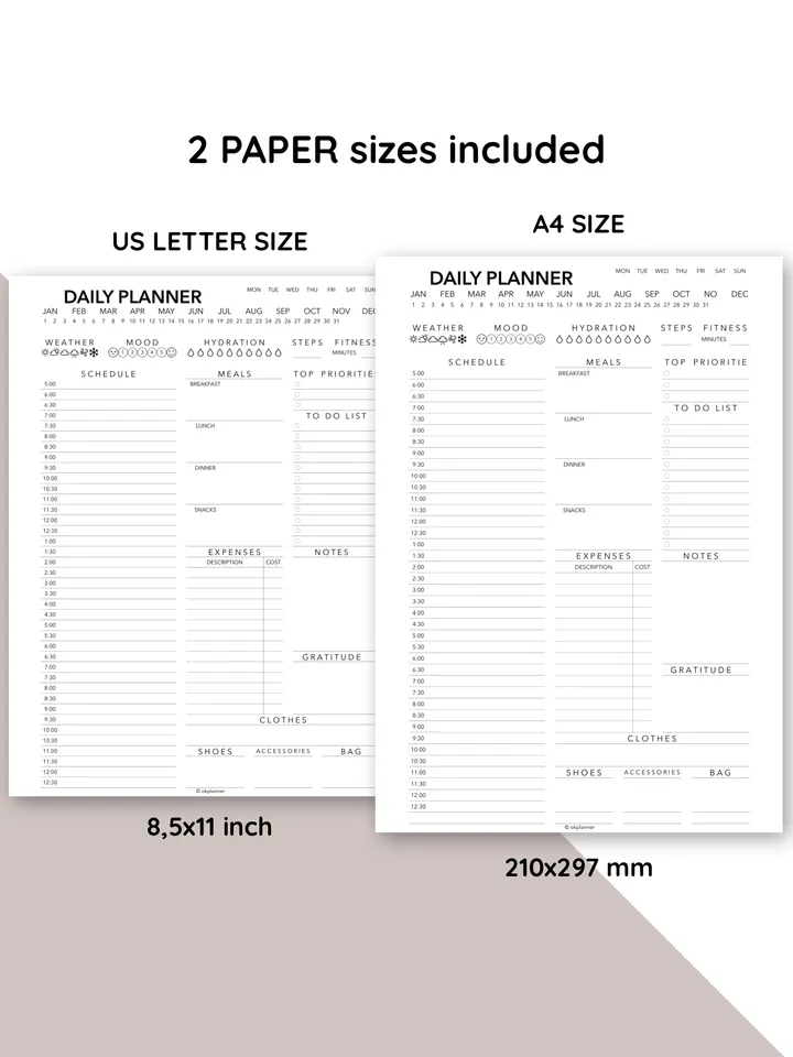 Daily Planner Template with Half-Hour Schedule, Menu, Expenses, To-Do, Outfit, Weather, Mood, Fitness, and Hydration. Trackers for Housewives, Working Moms, and Students. Daily agenda.