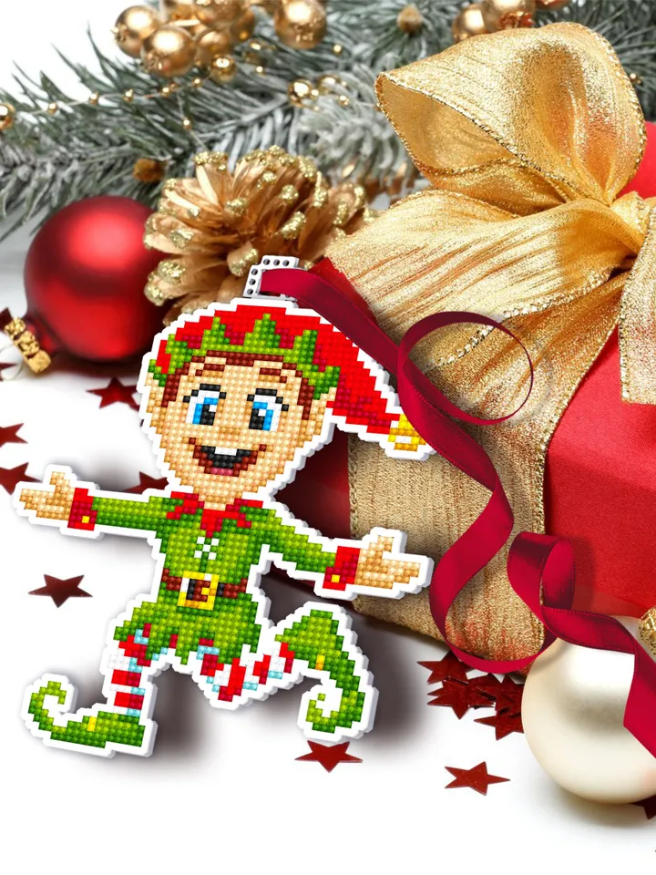 Christmas elf cross stitch pattern PDF download Double-sided Christmas tree decor for plastic canvas, Small Christmas ornament pattern #N123