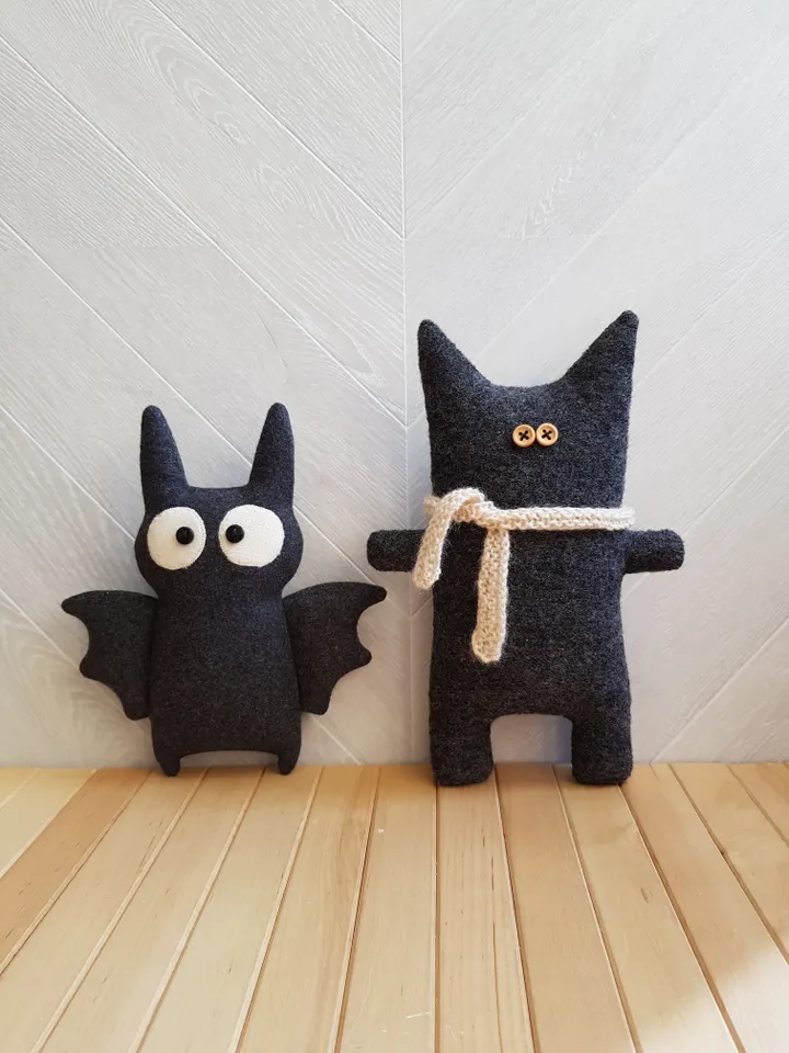 Halloween dolls sewing patterns PDF, Bat and Black cat, digital tutorial in English, rag doll sewing diy