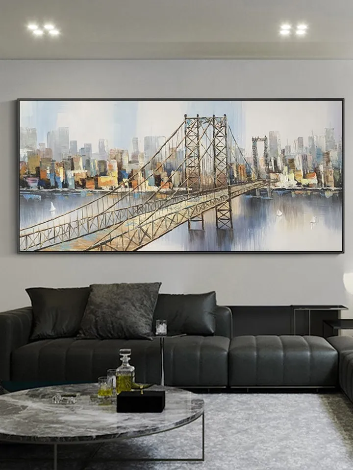 Abstract New York City Oil Painting on Canvas, Large Original Brooklyn Bridge Skyline Urban Cityscape Painting Living Room Wall Art Decor