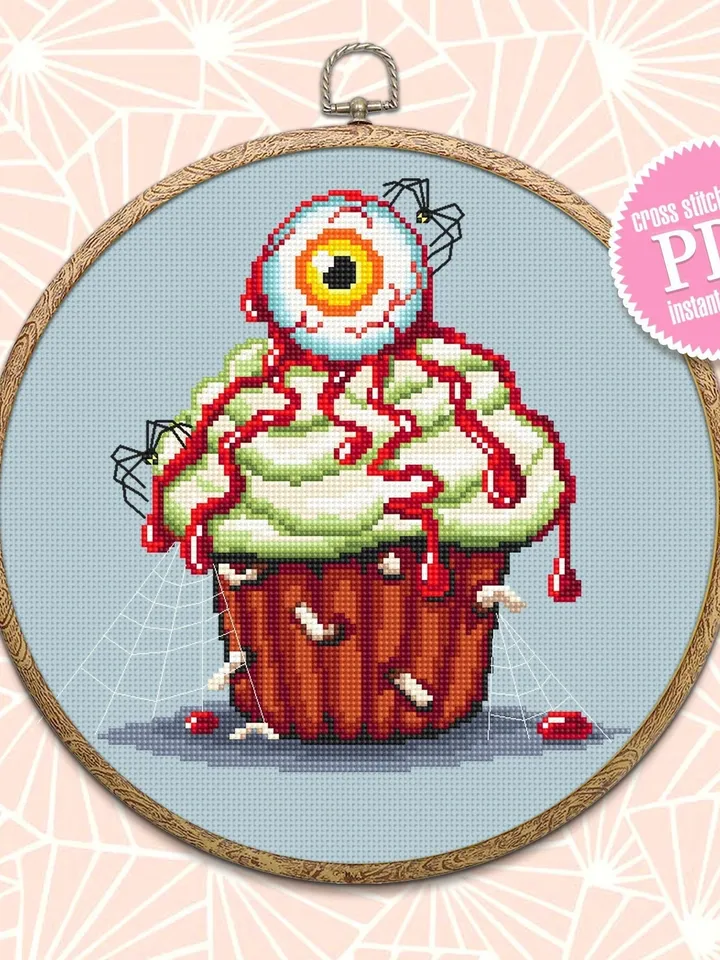 Halloween cupcake cross stitch pattern download PDF Spooky cross stitch Dessert Beginner stitch Cute Halloween embroidery Sweet food #H14