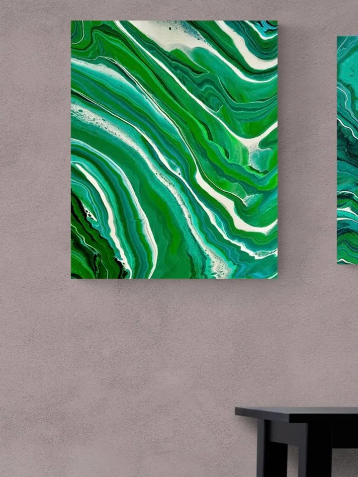"Green Fields" original abstract painting, fluid acrylic, abstract modern art