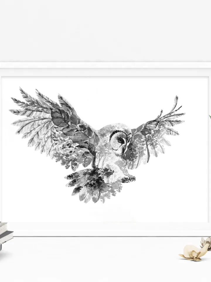 Owl Art Print, Printable Black&White Download, Watercolor Print, Wild Animal, Wall Decor, Prints Wall Art, Nature Eco