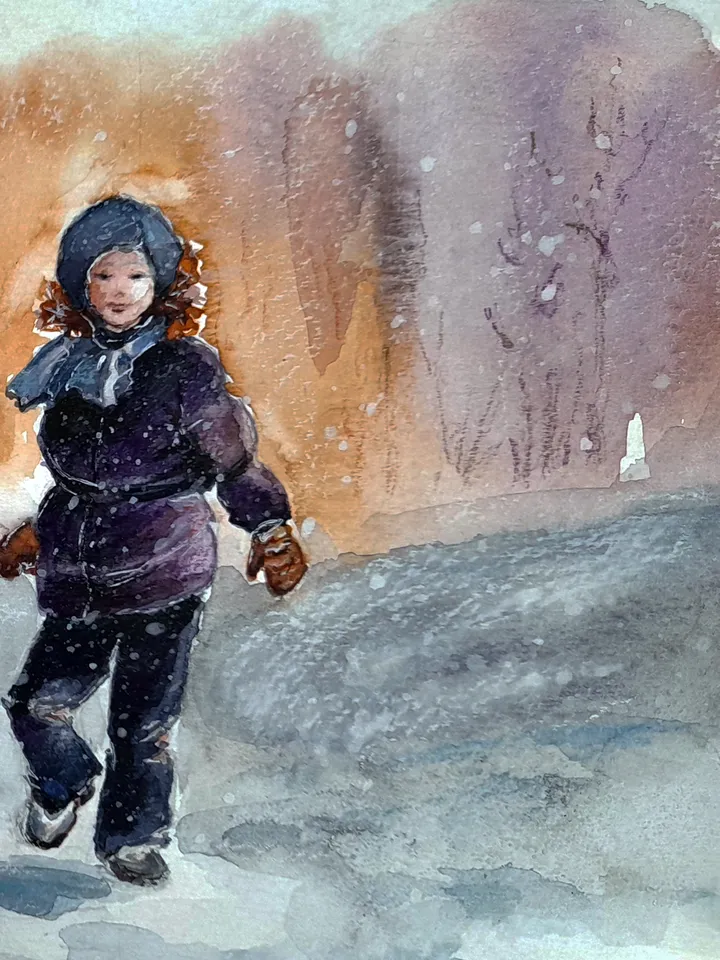 Watercolor painting. A fun walk with a teddy bear. The Winter Fun series 32x24cm (approx.12.6х9,5 inches with margins)