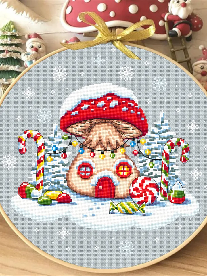 Christmas mushroom cross stitch pattern PDF download, Fairy house cross stitch chart, Magic Fly agaric Amanita, Sweet Christmas candy #N82