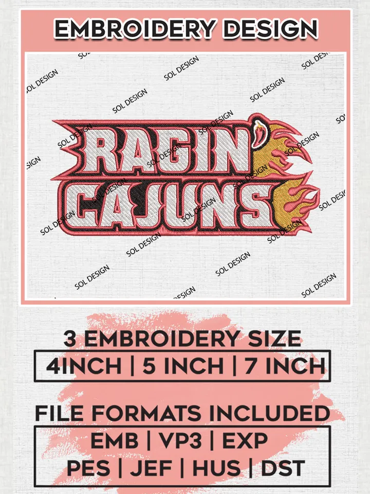 Louisiana Ragin Cajuns NCAA Team Wordmark Logo embroidery designs, NCAA Louisiana Ragin Cajuns Machine embroidery designs, NCAA embroidery designs, Machine embroidery designs, Digital Download