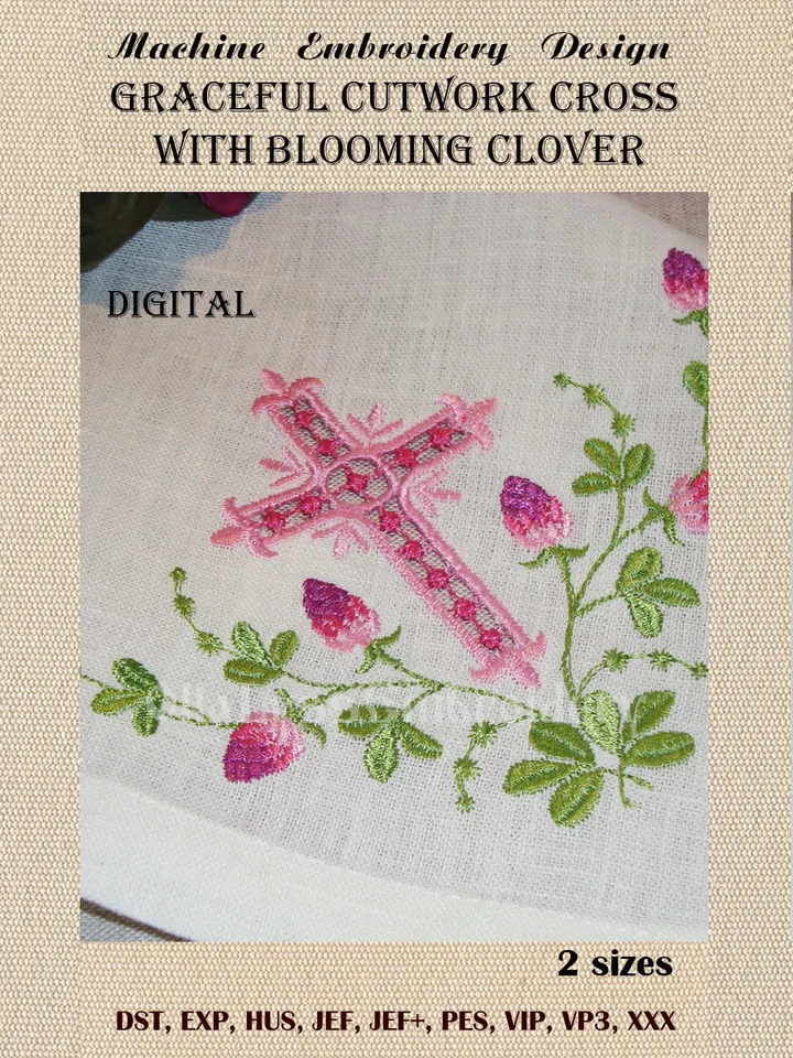 Graceful Cutwork Cross with Blooming Clover embroidery design