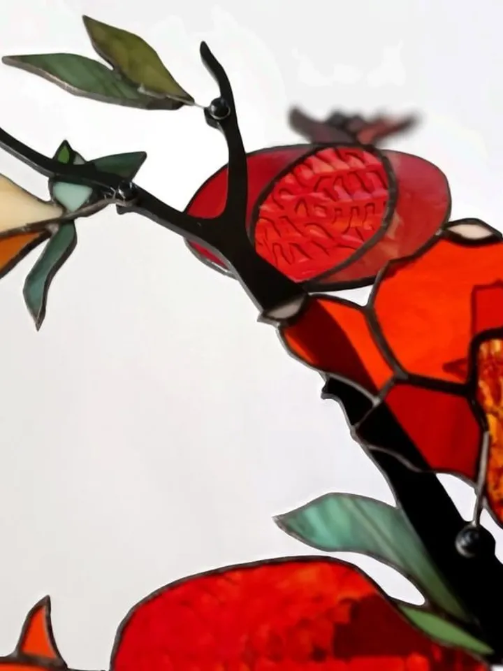 Pomegranates. Stained Glass Composition in Tiffany Technique, Tiffany Technique Stained Glass Composition, Tiffany-Style Stained Glass Artwork, Stained Glass Creation in Tiffany Style, Tiffany Technique Stained Glass Design, Stained Glass Art