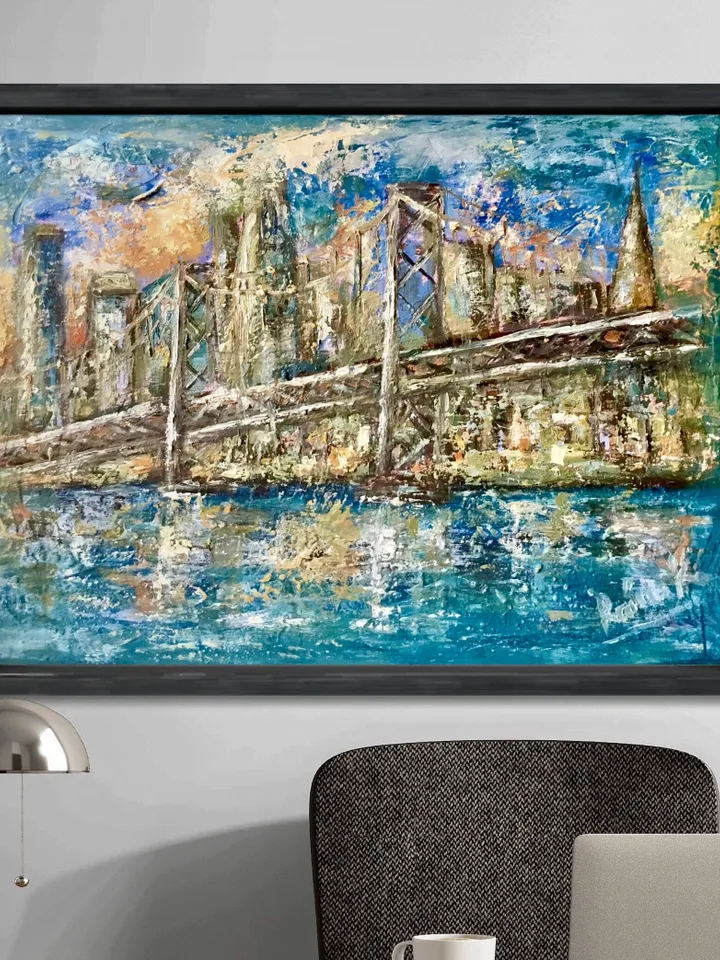 San Francisco at sunset,original oil painting stretched canvas,textured impasto cityscape,USA bridges and cities wall hanging,,large canvas