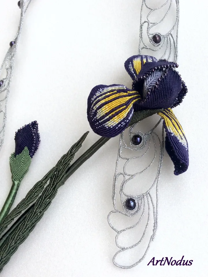 Asymmetrical Art Nouveau Water Iris Macrame Necklace