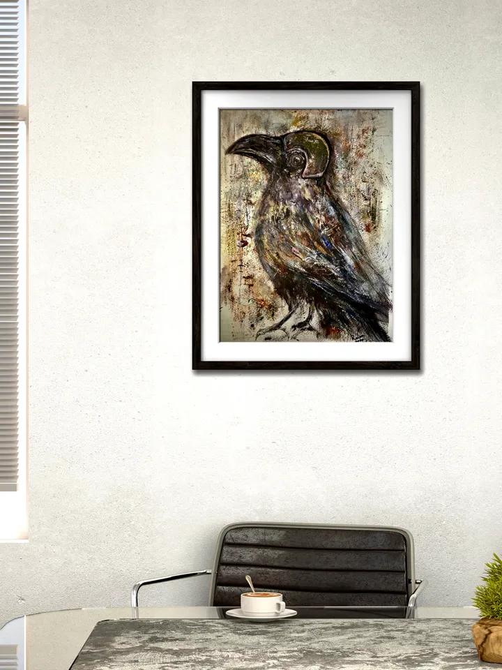 Fashion crow painting,funny crow modern mix media painting,original watercolour mix media artwork on watercolour paper,funny birds painting.