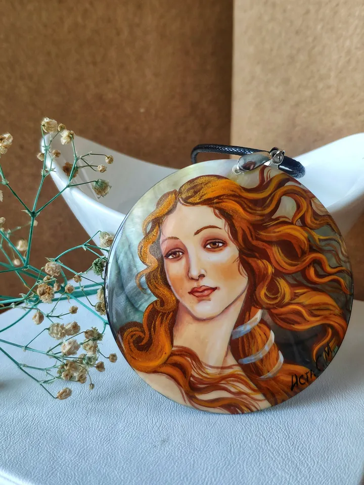 Pearl pendant necklace: The Birth of Venus by Sandro Botticelli painted on aesthetic pendant • Elegant dainty jewelry for cocktail party