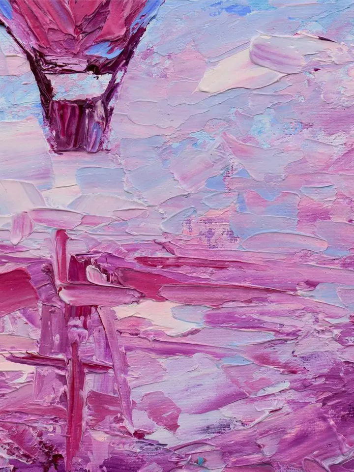 Hot Air Balloon Painting Original Art Pink lake Artwork 10 by 12" Skyscape Oil Painting by Juliya JC