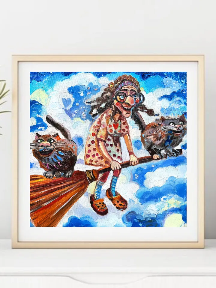 Funny Grandmother with the cats Original Oil Painting Oil on Canvas Small Painting
