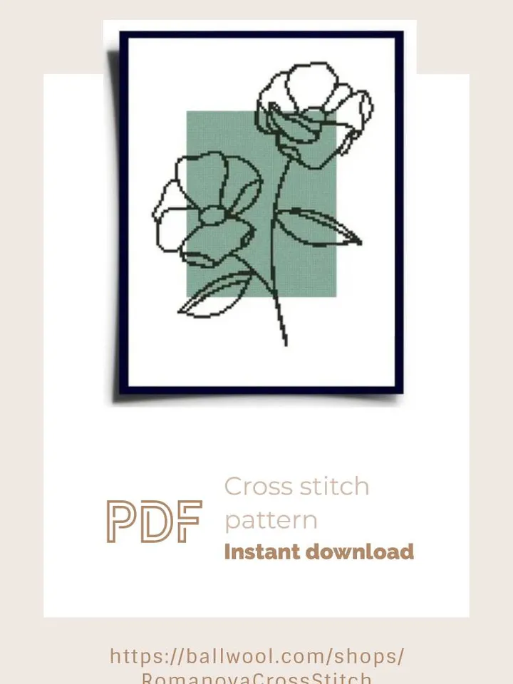 Abstract One line Botanical cross stitch PDF pattern, Minimalist embroidery design, Instant download