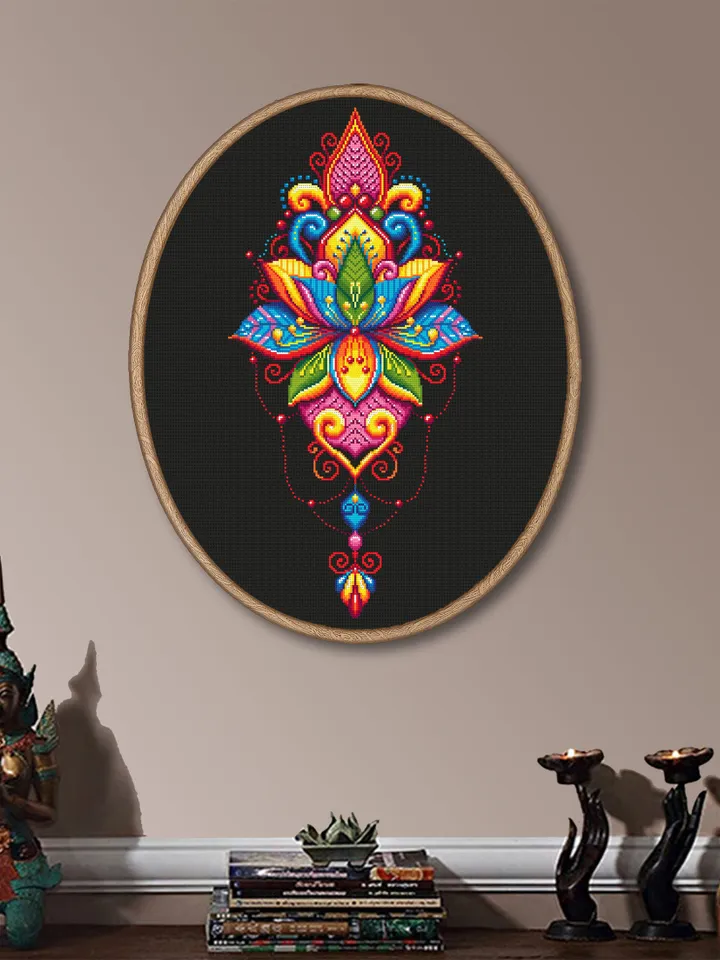 Lotus flower mandala cross stitch pattern PDF download Floral mandala embroidery PDF, Rainbow lotus cross stitch chart, Indian mandala #M198