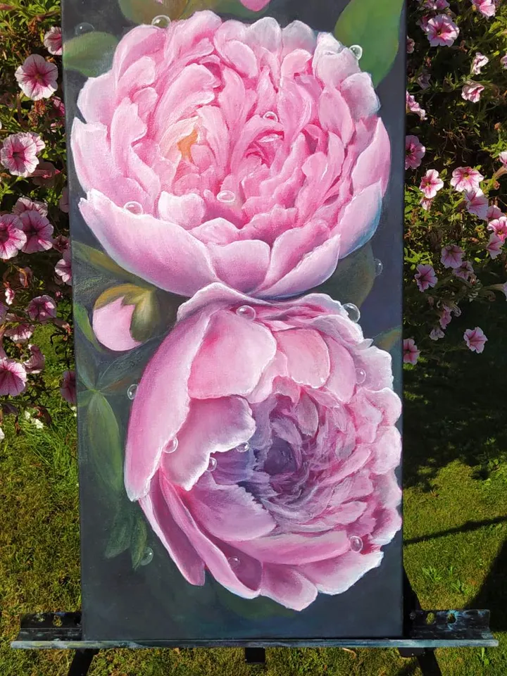 Oil painting "Peonies", 12*24 inches (30*60 cm)