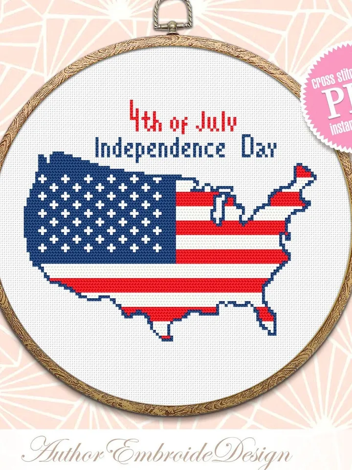 USA map cross stitch pattern PDF download Patriotic cross stitch chart, American flag embroidery, Independence Day july 4 cross stitch #T14