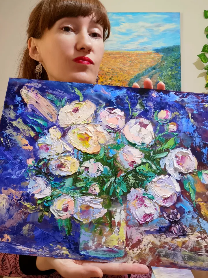 Peonies Glass Vase Candy Oil Painting Flower Impasto Original Artist Svinar Oksana