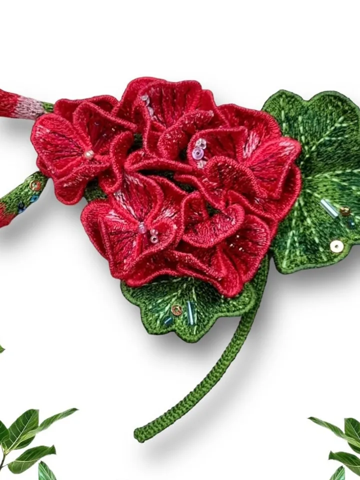 FSL geranium machine embroidery design for brooches and other jewelry, Free standing lace flower embroidery pattern