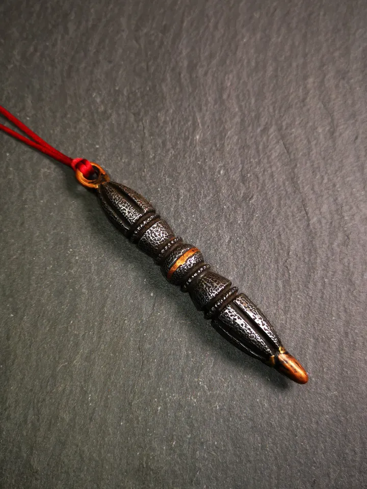 Gandhanra Vintage Tibetan Buddhist Amulet,Nine-pronged Dorje Vajra Pendant,Made of Cold Iron,inlaid Copper Wire,3.5"