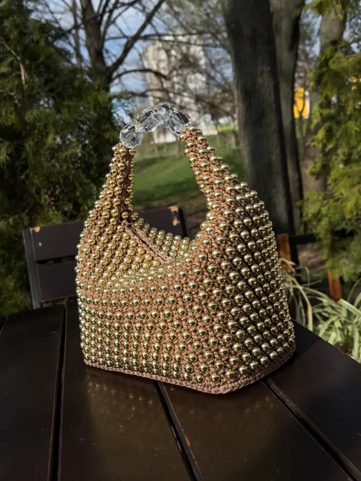 Womens crochet handbag with gold beads, luxury gold bag, vegan crossbody, top handle, small purse, gift for mother, shoulder bag