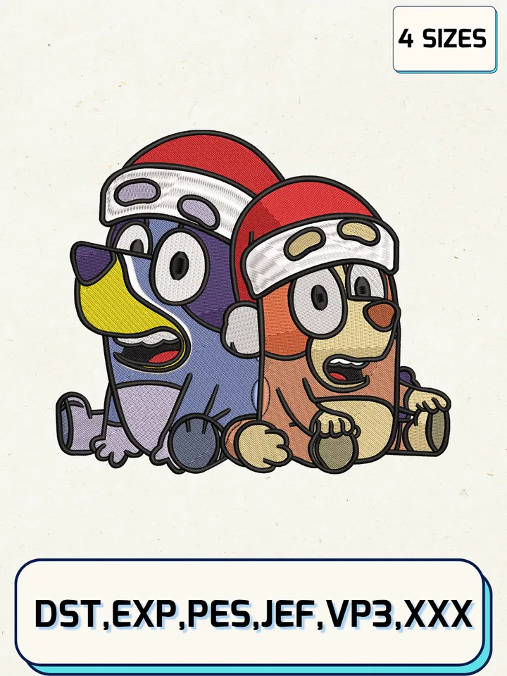 Bluey And Bingo Santa Hat Embroidery Design,Christmas Embroidery Designs,Machine Embroidery Files,Bluey And Bingo Embroidery Design,4 sizes