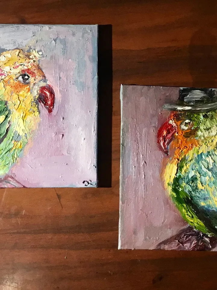 Couple of love birds diptych, parrots painting ,original oil impasto painting, small gift, wedding gift,exotic colourful birds painting.
