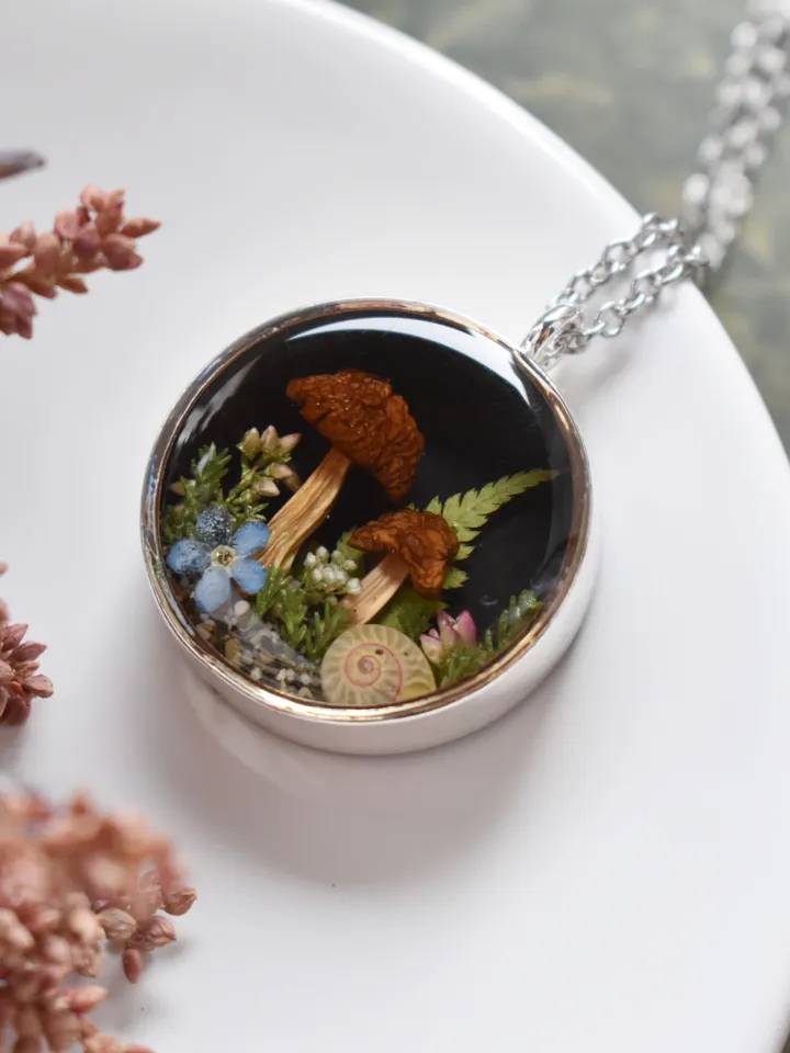 Real mushroom pendant. Necklace with dried mushrooms in resin. Necklace with a forest composition.