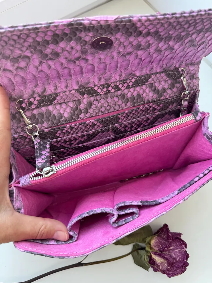 Genuine python skin classy flat clutch with shoulder chain | elegant evening women purse | designer leather bags | small shoulder pink bag