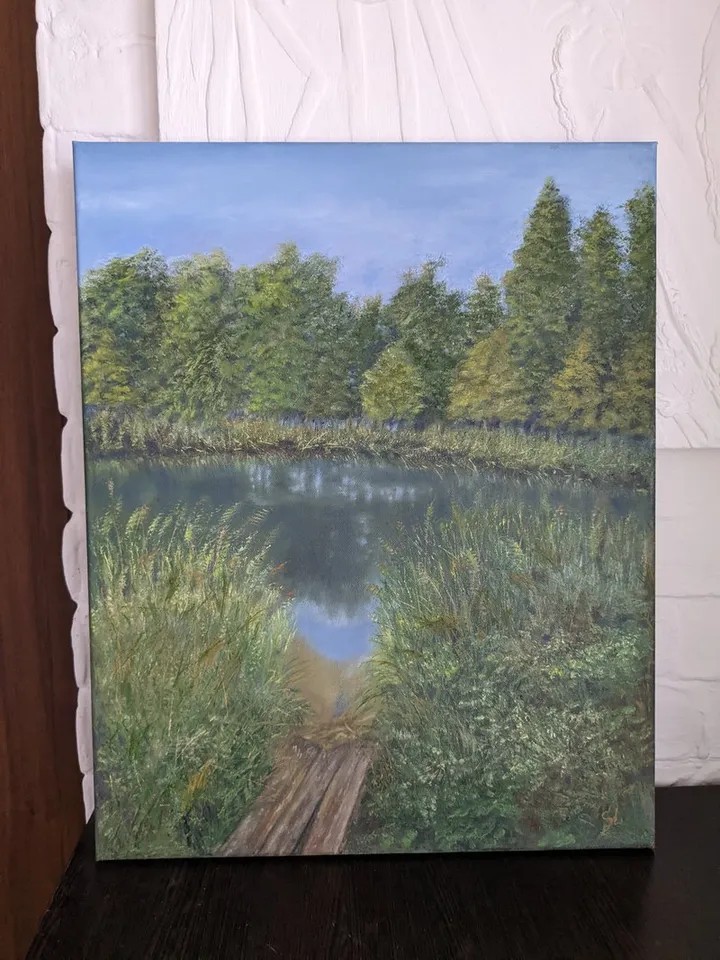 Summer landscape with a river and a wooden bridge, tall grass and trees, original painting 16x12 inches