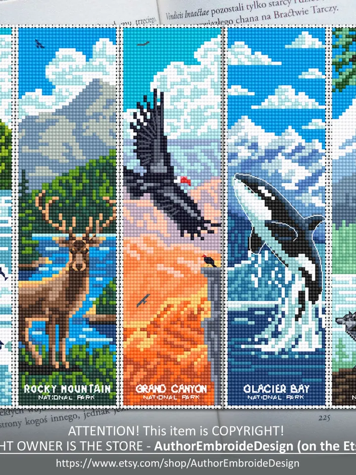 National Park bookmark set cross stitch pattern PDF download Nature cross stitch chart, Digital bookmark pattern PDF, Wild animals #B190