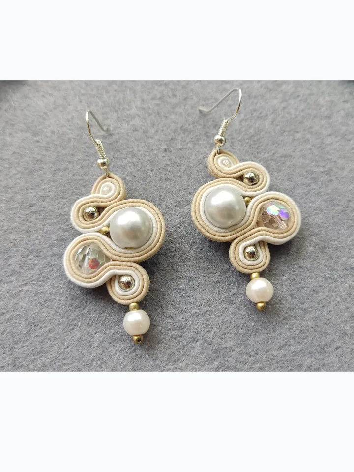 Wedding jewelry set, White beige necklace and earrings, Soutache embroidery, Rhinestone beaded necklace