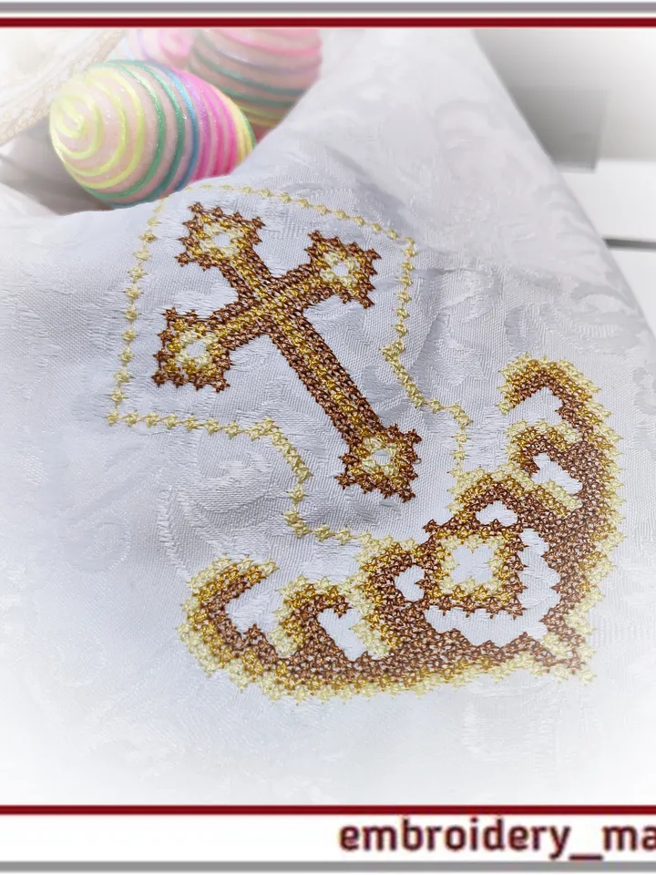 Easter Embroidery Design – Christian Cross border, corner vintage French Cross Stitch