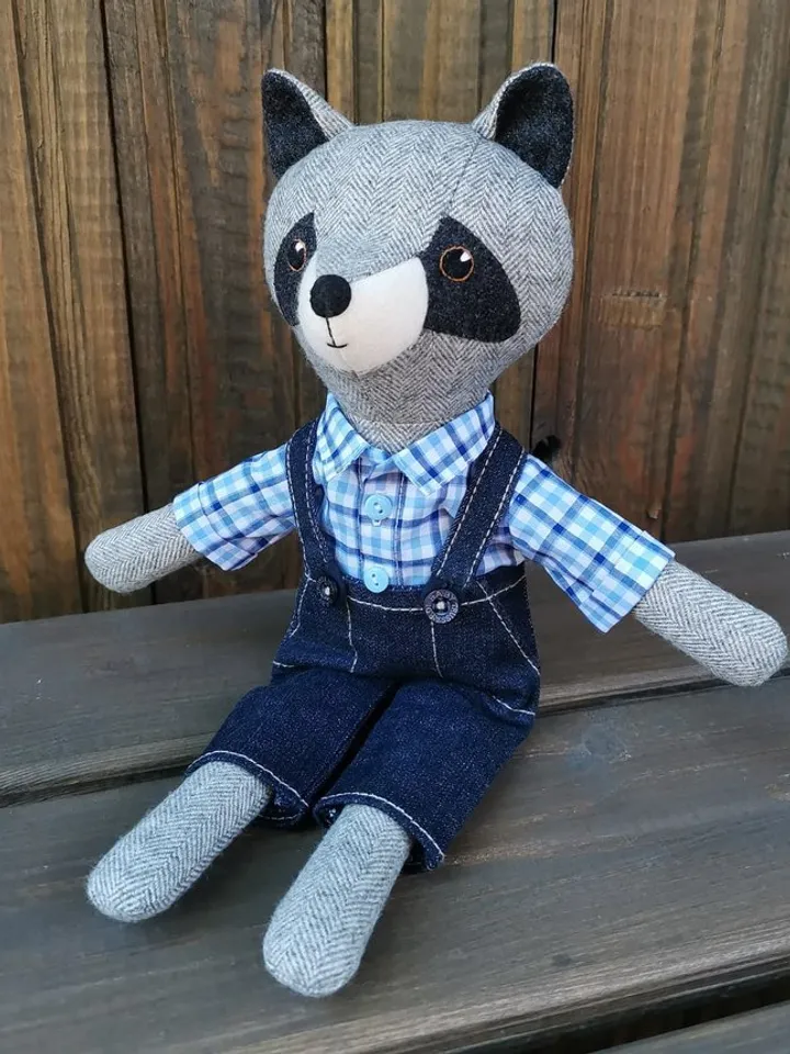 Gray raccoon boy, handmade plush raccoon toy, wool stuffed doll