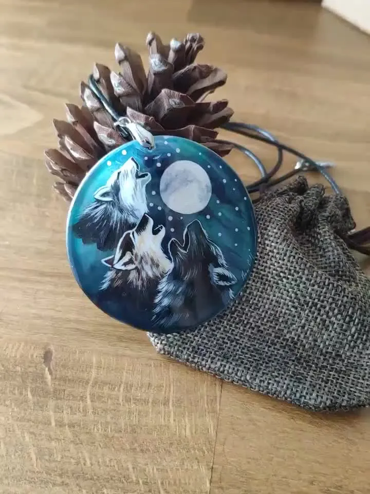 Pearl pendant necklace: The hunting pack of Wolves is howling on the moon • unique handmade jewelry • statement aesthetic necklace for dress