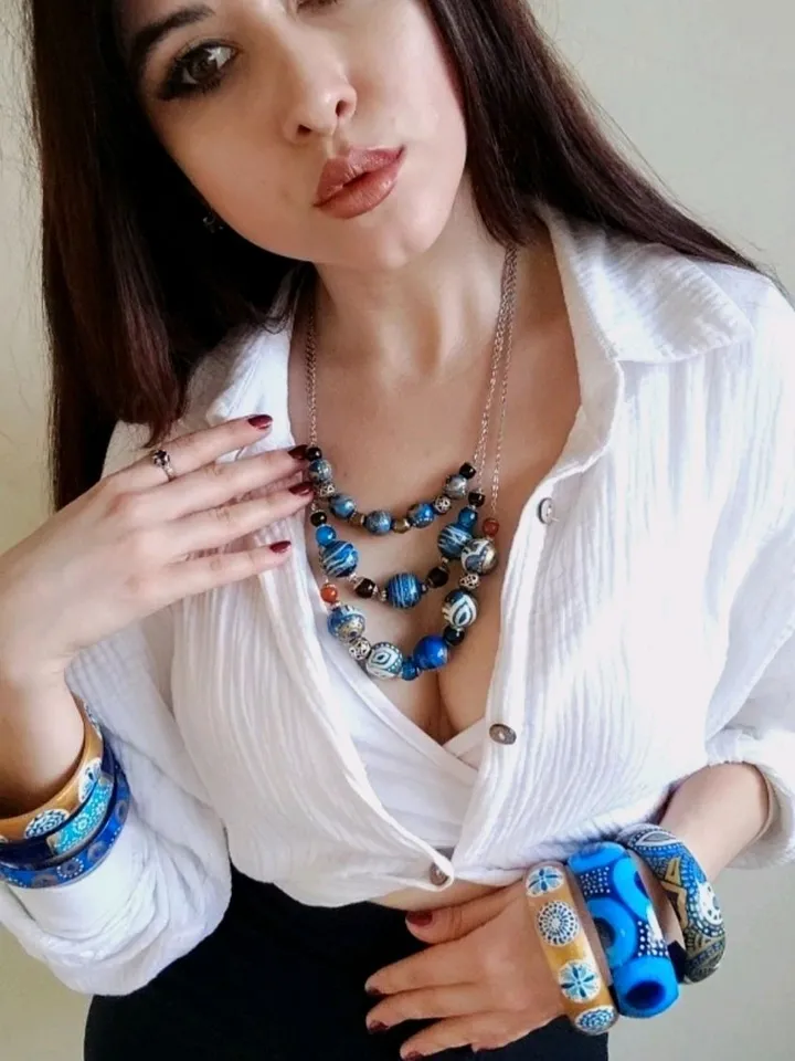 Jewelry Set Hand-painted Boho Style Eclectic Blue Bracelets and Beads