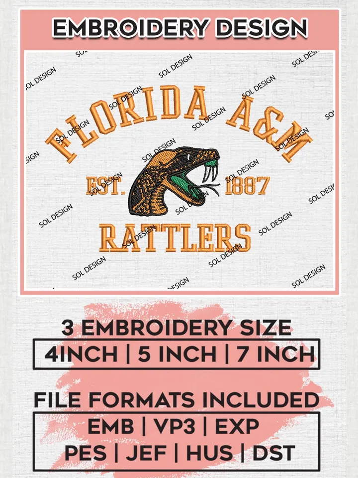 Florida A&M Rattlers Est 1887 Logo Embroidery Designs, NCAA Florida AM Rattlers Team Embroidery, NCAA Team Logo, 3 sizes, Machine embroidery Files, Digital Download