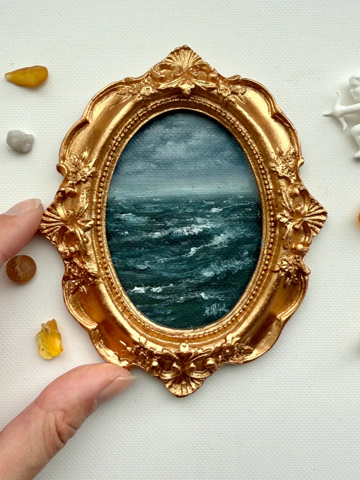 Ocean Landscape Oil Painting Original In Vintage Style Frame Small Framed Oval Painting Art Renaissance Antique Seascape Painting