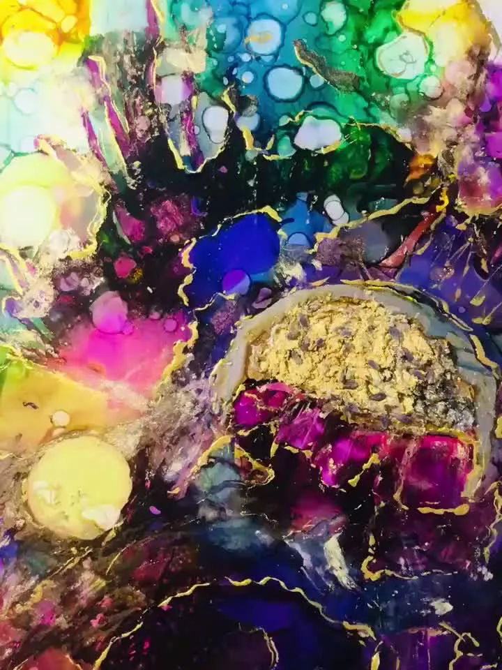 Bright colourful Alcohol inks mix media painting on yupo paper,wall art,home decoration.