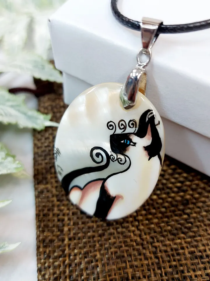Mother-of-pearl Russian hand-painted necklace pendant "Siamese Cat". Hand paint necklace pendant. Hand painted miniature painting.