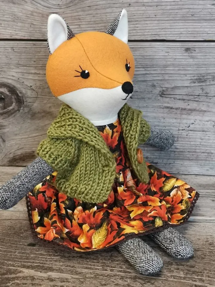 Orange fox girl, handmade stuffed wool doll, textile plush fox, fabric animal doll