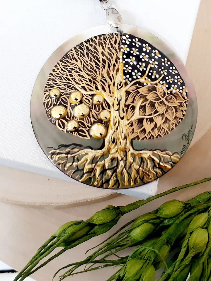Beautifull Pendant "Tree of life"Mother-of-pearl Hand painted miniature painting magic of painting art jewelry Fedoskino Russian jewelry