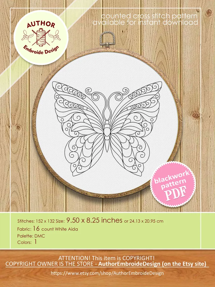 Mandala butterfly blackwork pattern PDF download Backstitch chart butterfly embroidery PDF, Butterfly ornament Blackwork embroidery #W28